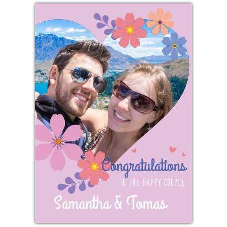 Personalised Congratulations Card for Happy Couple Photo in Heart with Flowers