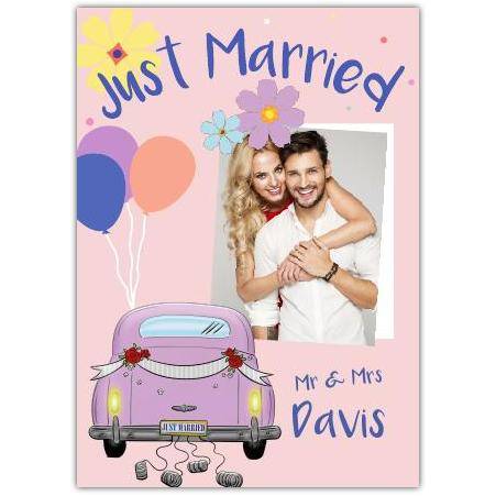 Personalised Just Married Mr and Mrs Wedding Card with Custom Photo and Purple Car Design