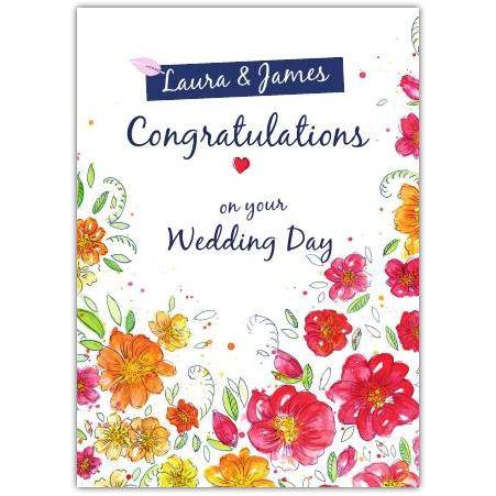 Personalised Wedding Congratulations Card with Two Names and Colourful Floral Design