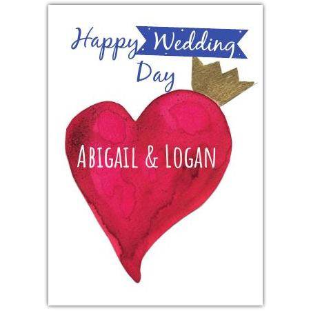 Personalised Happy Wedding Day Card with Pink Heart and Gold Crown Design