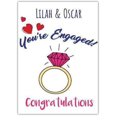 Personalised Engagement Congratulations Card with Diamond Ring Design and Two Names
