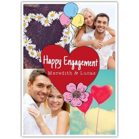 Personalised Happy Engagement Card with Balloons Hearts and Two Photos