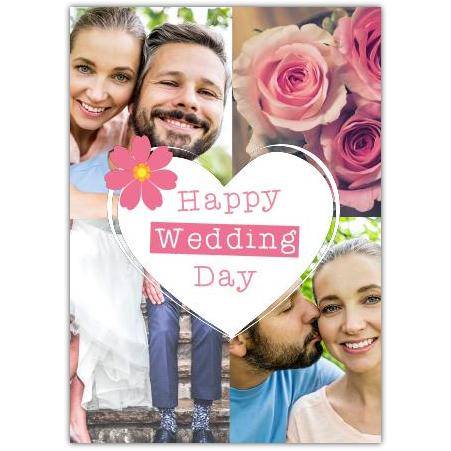 Personalised Happy Wedding Day Photo Upload Card with Pink Roses and Heart Design