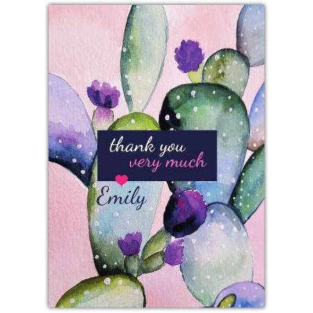 Personalised Thank You Very Much Card with Purple Flower Cactus Watercolour Design