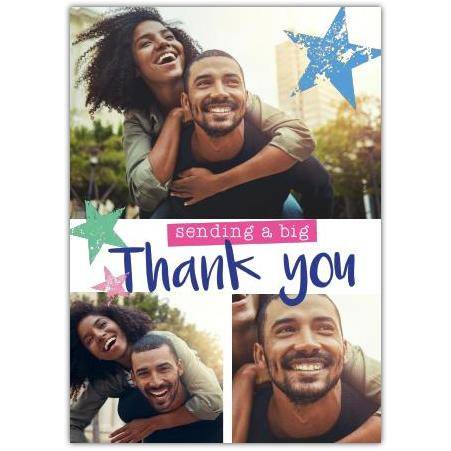 Sending A Big Thank You Personalised Photo Collage Card With Green And Blue Stars