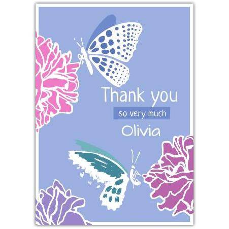 Personalised Thank You Card with Two Butterflies and Floral Design in Blue