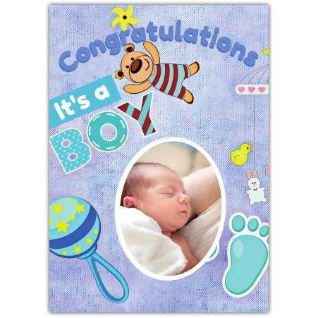 Congratulations New Baby Boy Photo Upload Card with Blue Rattler and Footprint Design