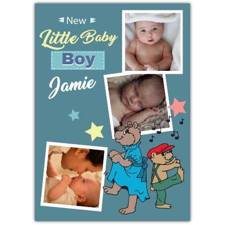 Personalised New Baby Boy Photo Collage Card with Stars and Musical Bears Design