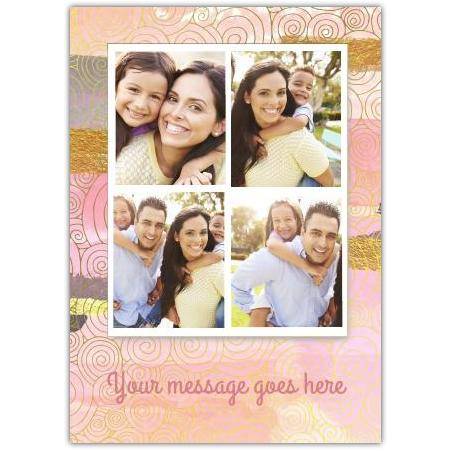 Personalised Four Photo Collage Card with Custom Message Line in Pink and Orange Pastel Design