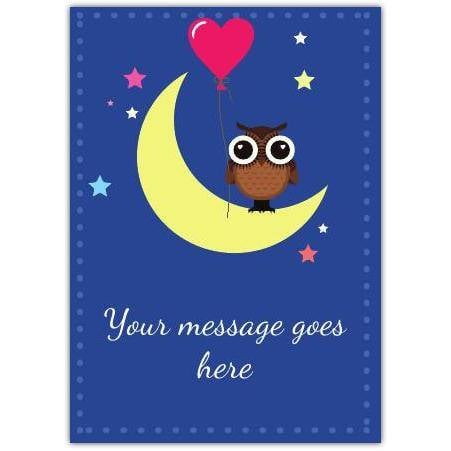 Personalised Owl on Yellow Crescent Moon with Pink Heart Balloon Greeting Card