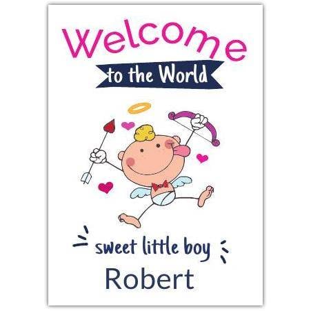 Personalised Welcome to the World New Baby Boy Card Cute Cupid Baby Design