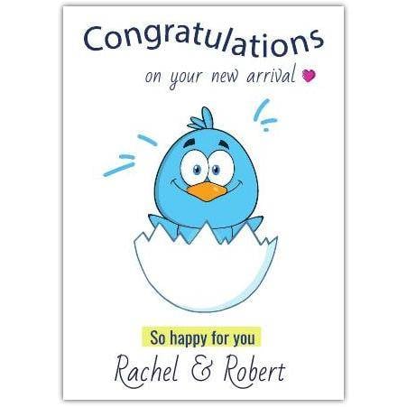 Personalised Congratulations on Your New Baby Boy Arrival Card with Blue Chick in Egg Design