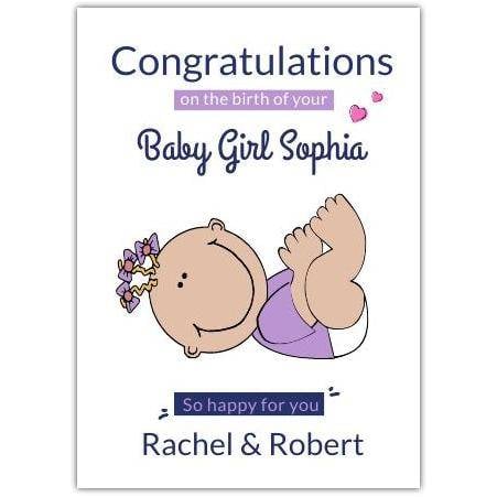 Congratulations New Baby Girl Purple Ribbon Cartoon Personalised Baby Birth Card