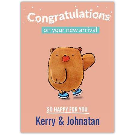 Personalised New Baby Congratulations Card with Cute Brown Bear Design