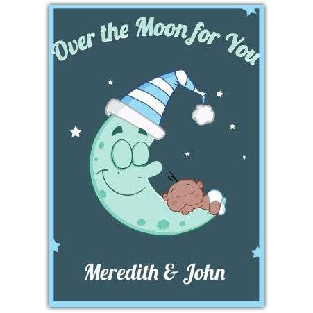 Over The Moon New Baby Card with Sleeping Baby and Moon in Blue and White Hat
