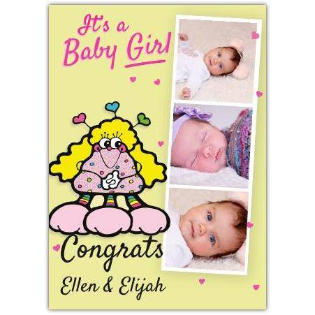 Personalised It's a Baby Girl Congrats Card with Three Photo Slots Cute Alien Design