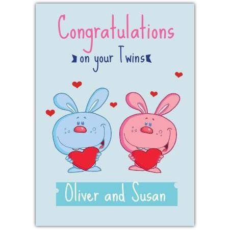 Congratulations Card for New Baby Twins with Pink and Blue Rabbits and Custom Names