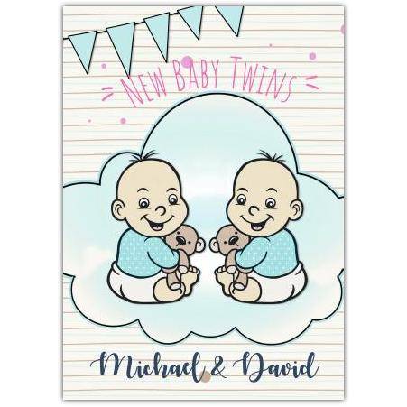 Personalised New Baby Twins Blue Bunting Card for Boys with Teddy Bears