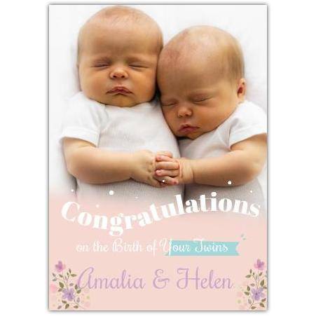 Personalised Congratulations Card for New Baby Twins with Flowers and Photo Option