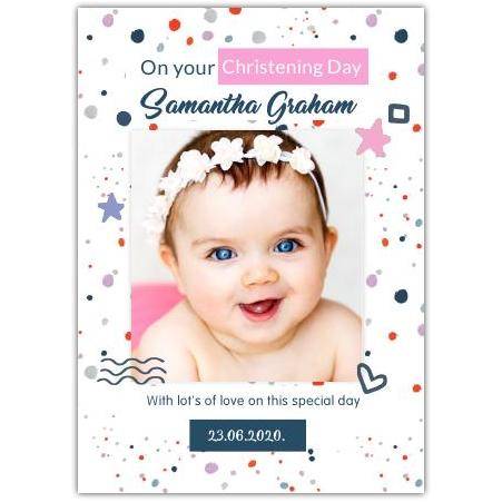 Personalised Christening Day Photo Upload Card with Colourful Shapes Design