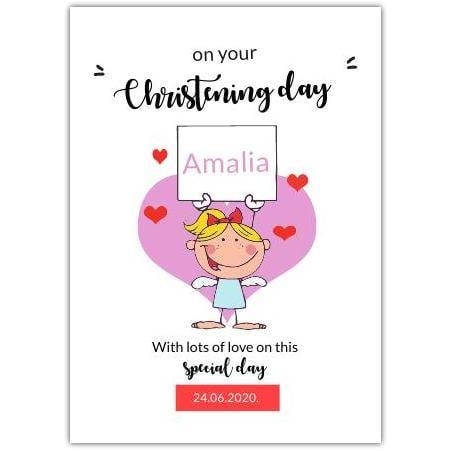 Personalised Christening Day Card with Angel and Hearts for Baby Girl Special Occasion