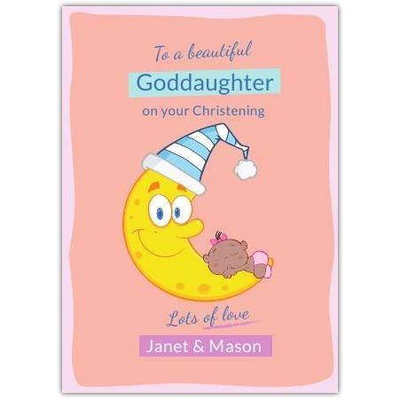 Personalised Goddaughter Christening Card Baby Sleeping on Moon Design