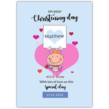 Personalised Christening Day Baby Boy Angel Blue Heart Greeting Card