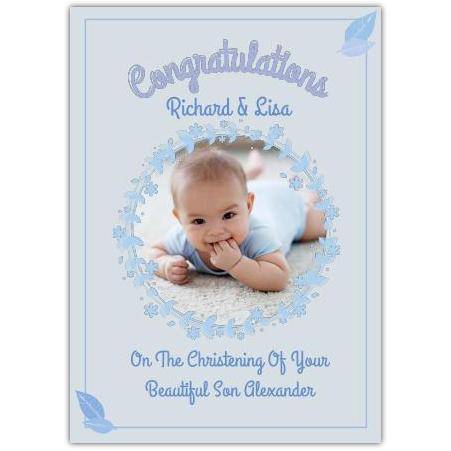 Personalised Congratulations Christening Card for Baby Boy with Blue Floral Photo Frame