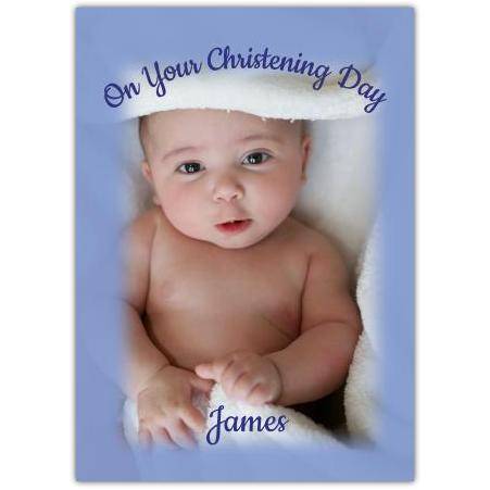Personalised Christening Day Baby Boy Card with Blue Photo Frame for Boys