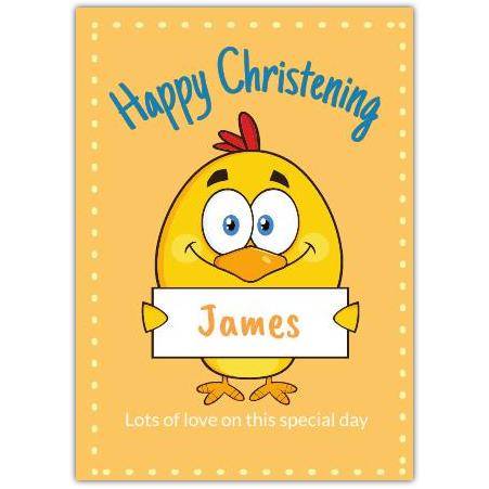 Personalised Happy Christening Card with Cute Chick Holding Name Note in Yellow