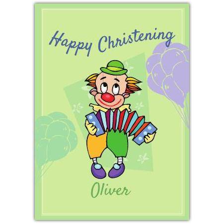 Happy Christening Card with Colourful Clown Playing Accordion Personalised Option