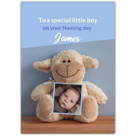 Personalised New Baby Boy Naming Day Card with Teddy Sheep and Photo Upload