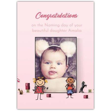 Personalised Congratulations New Baby Girl Naming Day Photo Frame Card Pink