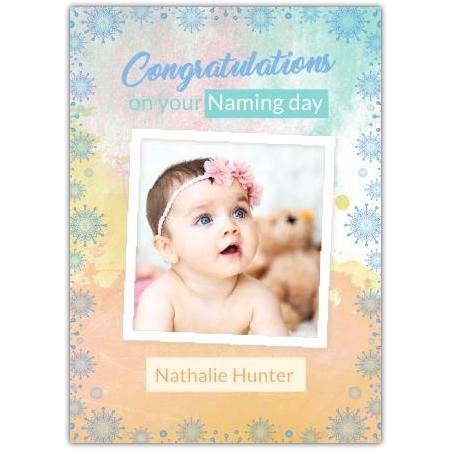 Personalised Congratulations New Baby Naming Day Card with Photo Upload and Watercolor Design