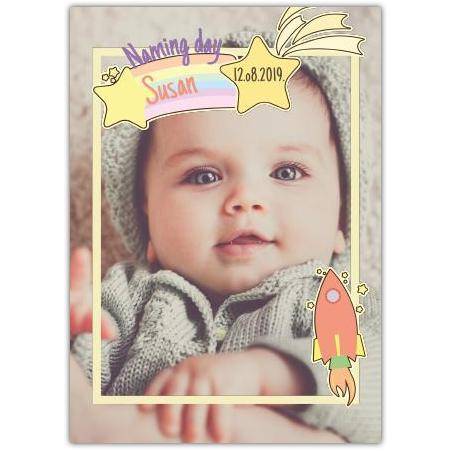 Personalised New Baby Naming Day Card Yellow Frame with Stars and Rocket Design
