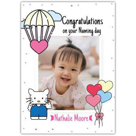 Personalised Congratulations Naming Day Card for Baby Girl with Heart Balloons and Bunny Design