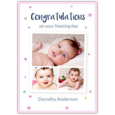 Personalised Congratulations Baby Girl Naming Day Photo Card with Pink Stars Design