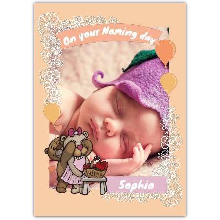 Personalised New Baby Naming Day Card with White Flowers Balloons and Cute Bears Design