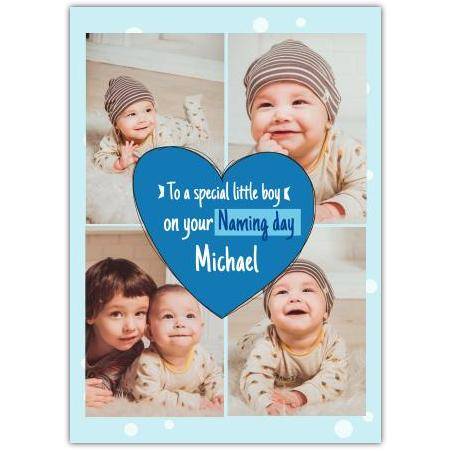 Personalised New Baby Boy Naming Day Photo Card with Blue Heart Design
