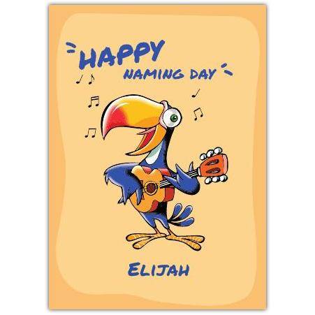 Personalised Happy Naming Day Card with Singing Toucan Playing Guitar Design
