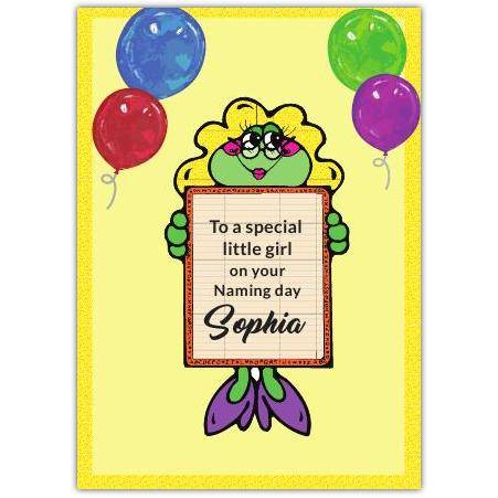 Personalised Naming Day Card for Girl with Cute Frog and Colourful Balloons Design