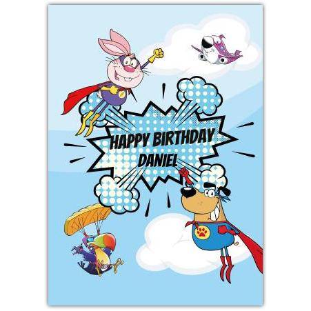 Personalised Happy Birthday Card with Superhero Animals and Sky Theme for Kids