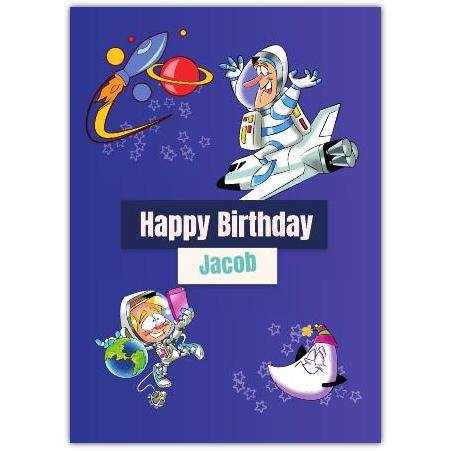 Happy Birthday Kids Space Adventure Card with Rocket Astronaut and Moon Design