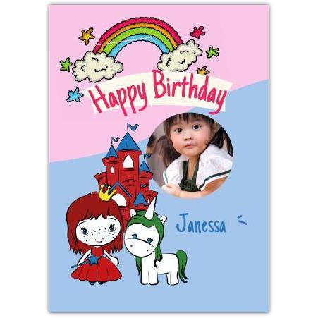 Personalised Happy Birthday Card for Girls with Princess Unicorn Castle Rainbow and Photo Upload