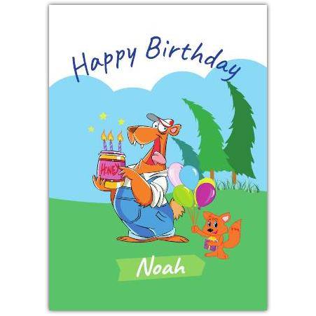 Personalised Happy Birthday Bear and Fox Kids Card with Honey Jar and Balloons