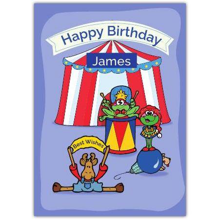 Personalised Happy Birthday Kids Circus Animal Characters Card in Purple