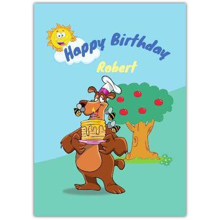 Personalised Happy Birthday Card with Bear, Pancakes and Bees Design