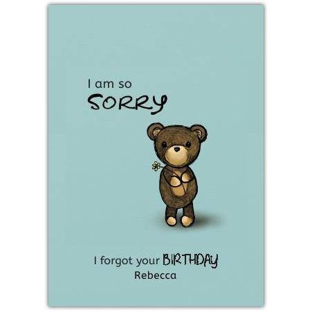 Belated Birthday Apology Card with Cute Teddy Bear Holding Flower Personalized Name