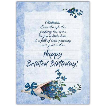 Personalised Belated Birthday Card Blue Flower Bouquet Design with Loving Message