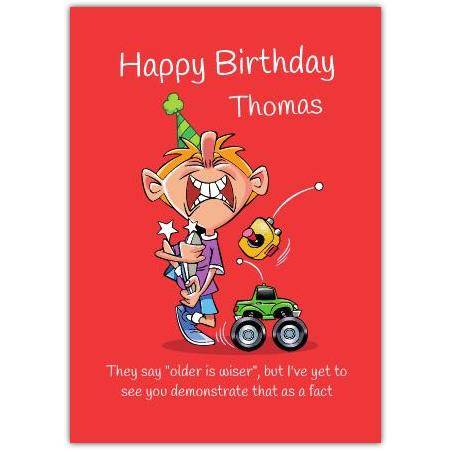 Personalised Humorous Boys Birthday Card Red Background with Remote Control Car Design